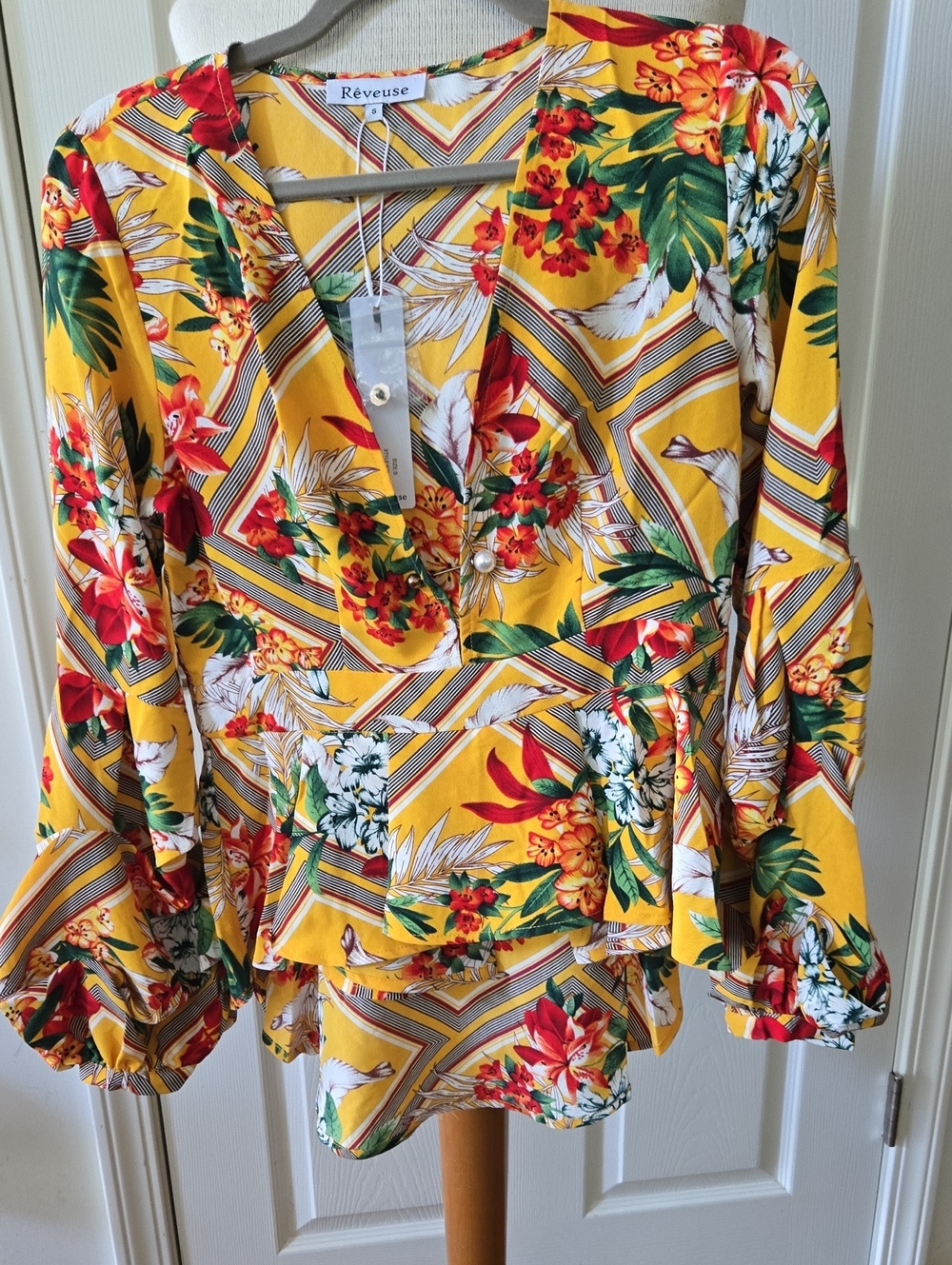 Reverse Yellow Floral V-Neck Peplum Blouse